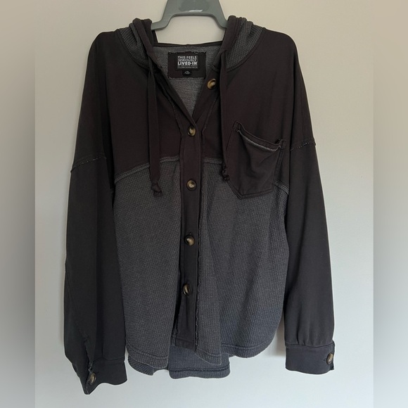 American Eagle Outfitters Jackets & Blazers - American Eagle Outfitters Dark Gray Hooded Button-up Jacket